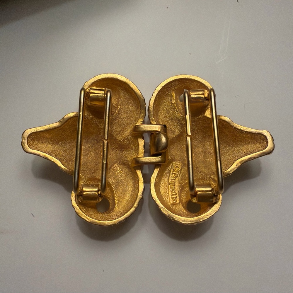 Vintage Signed Paquette Double Belt Buckle Sheep/Ram Horns Goldtone Interlocking - Picture 2 of 8